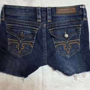 Rock Revival Dark Blue Denim Cut Off Shorts with Gold Accents. Size 28